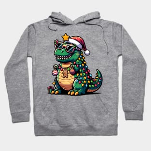 Tree-Rex Holiday Dinosaur - Christmas Tree T-Rex TreeRex Pun with Santa Hat, Lights and Ornaments Hoodie